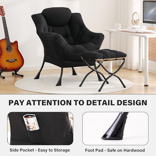 Tiita Lazy Chair with Ottoman, Black Modern Large Accent Chair, Comfy Leisure Sofa Armchair with Ottoman, Reading Chair with Footrest for Bedroom, Living Room, Dorm Rooms, Black - color: Peach Skin Black