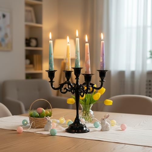 Rely+ 5 Arm Candelabra Taper Candle Holders Decorations Indoor Kitchen Décor Table Candles Candlestick Candelabra Centerpiece (Black Glossy) - color: Black Glossy, size: 5 Arm