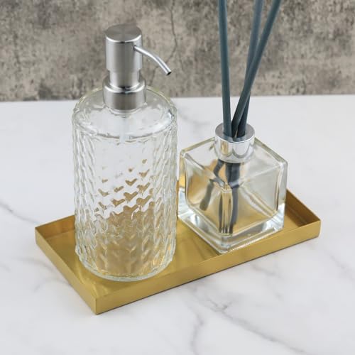 Freelove Sanding Gold Metal Vanity Tray Lettering, Perfume Organizer Jewelry Holder Makeup Dish Catchall Candle Plate Decorative for Dresser Counter Bathroom Desk Home Preppy Room Decor, 4''X8'' - size: 8" x 4.1" x 0.6"