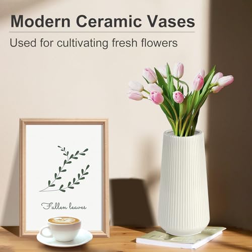 White Ceramic Vase for Flowers, Tall Home Decor Vase with Ribbed Texture, Vases for Centerpieces, Farmhouse Decor, Living Room, Decor Bedroom, Table, and Kitchen Shelf (XL White) - color: XL White