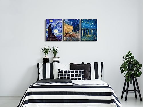 Wieco Art 3 Panels Canvas Prints of Vincent Van Gogh Paintings Reproduction Starry Night Over the Rhone Cafe Terrace at Night Canvas Wall Art for Living Room Home Office Decor - color: Van Gogh Paintings, size: 12 x 16 inches (Unframed)