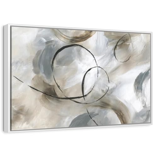 ElephantStock - Allegro Wall Art - Horizontal Floating Framed Canvas - Living Room Wall Decor - Painting Strokes And Lines Framed Canvas Art - Gray And Brown Decor by Nan - 31" x 21" - color: Floating Frame White, size: 30"L x 20"W