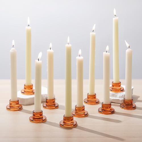 Glasseam Glass Taper Candle Holders: 10Pcs Small Tapered Candlestick Holders Bulk Short Amber Short Candle Sticks Holder Decor for Table Centerpiece Vintage Thanksgiving Christmas Fall Dinner Party - color: Amber