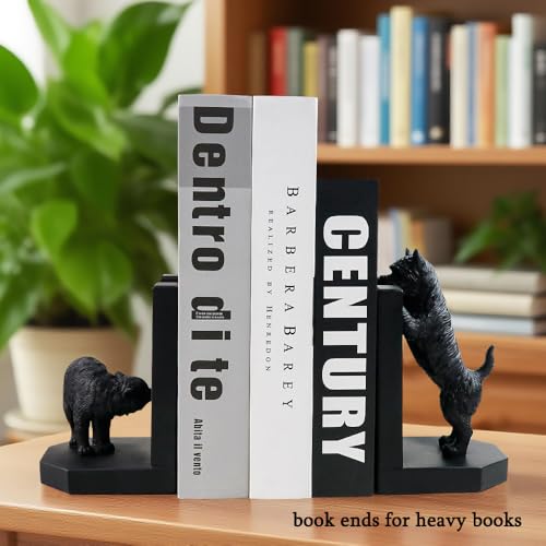 Decorative Bookends Cute Heavy Duty Book Ends, Dog and Cat Playing in The Fence Unique Modern Book Ends Stoppers Holders for Shelves Office, Black, Resin, 7.9" X 6.7"
