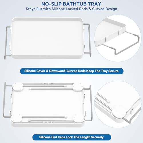 Bathtub Tray for Large Soaking Tub Table Tray Expandable Tub Shelf for Bathtub Caddy Bath Shelf Over Tub Luxury Bath Board Book Holder with Removable 2 Cup Holder Phone Metal Shower Caddy Basket White