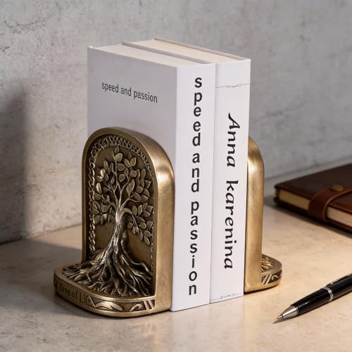 Tree of Life Bookends Set, 2 Heavyweight Bookends, Gold Finish, Ideal for Bookshelves and Bookcases, Suitable for Office, Library, or Living Room Coffee Table Decor. - color: A-gold