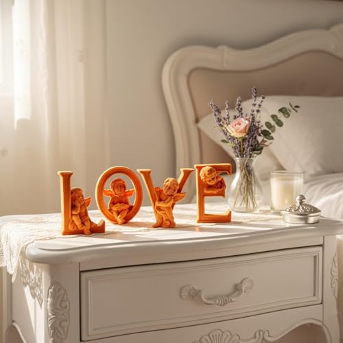Cupid Statue Velvet Flocked Sculpture Anniversary Wedding Gifts, Cherub Angels Statue Romantic Love Figurine Modern Art Decor for Living Room, Bookshelf, Coffee Table Decor (Orange) - color: Cupid-orange