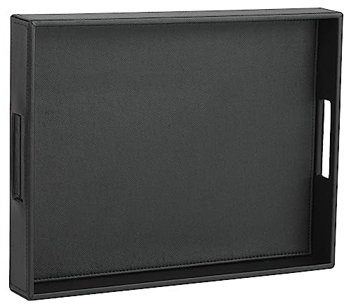 HofferRuffer Rectangle Serving Tray with Hole Handles for Coffee Table, Breakfast, Tea, Food, Butler - Countertop, Kitchen, Vanity Serve Tray, 16.2 x 12.2 x 2 inches, Faux Leather Tray (Black) - color: Black, size: 16.2" x 12.2" x 2"
