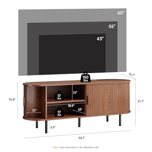 55" TV Stand with Power Outlet, Mid-Century Modern Television Stand, Fluted Media Console with Sliding Doors, Entertainment Center for TVs up to 60 Inch, Adjustable Shelves, Walnut - color: Walnut, size: 55 Inch