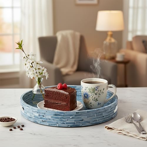 PEMAR 12.6” Mother of Pearls Lacquer Inlaid Round Serving Tray with Handles, Round Decorative Nacred Wooden Ottoman Coffee Table Tray (Blue Tiles) - color: Blue Tiles
