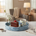 PEMAR 12.6” Mother of Pearls Lacquer Inlaid Round Serving Tray with Handles, Round Decorative Nacred Wooden Ottoman Coffee Table Tray (Blue Tiles) - color: Blue Tiles