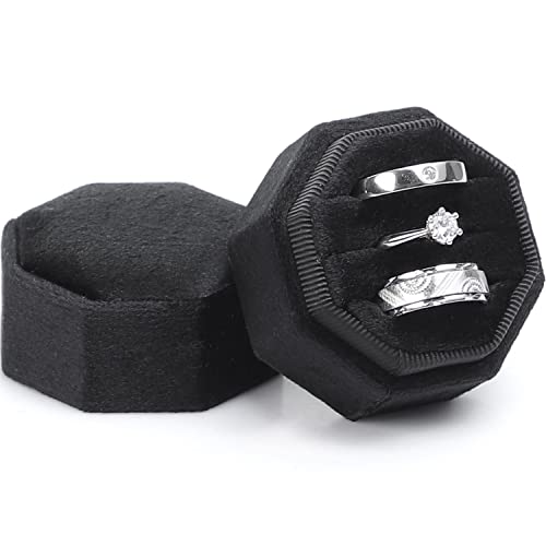 WantGor Velvet Ring Box, 3 Slots Jewelry Ring Gift Box Vintage Ring Display Holder Case for Wedding Ceremony Proposal Engagement (Black) - color: Black