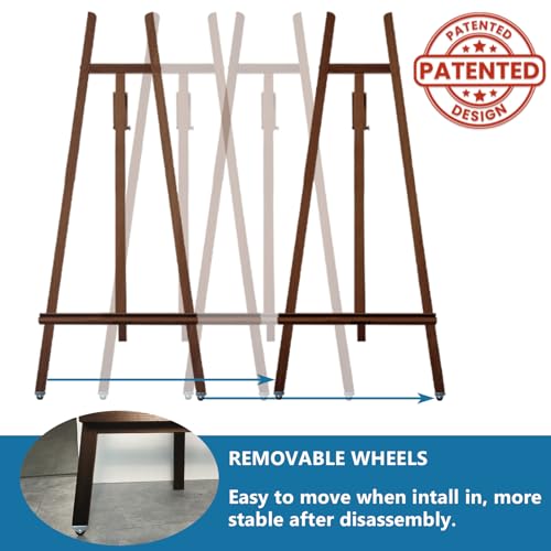 A - Frame Wooden Display Easel with Wheels - Adjustable Lyre Beechwood Studio Easel Stand Holding Canvas Up to 90", Inclinable Artist Floor Painting Easel for Artwork Painting, Brown - color: Brown