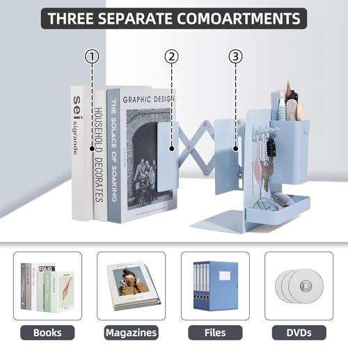 Adjustable Bookends, 19" Metal Book Ends for Heavy Books, 2 Dividers Bookends with Removable Pen Holder, Tray, and 3 Hook-up, Book Organizer for Office, School, Bookstore, Home - color: Blue