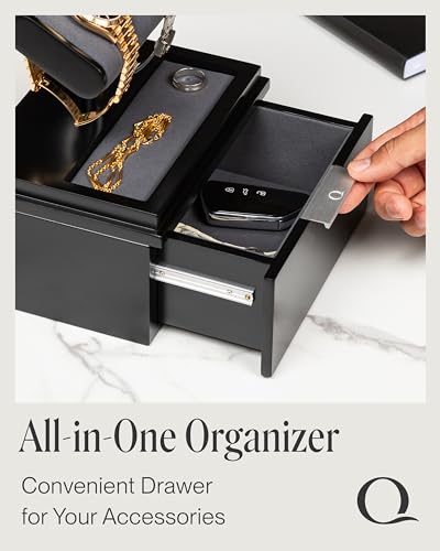 QWATCH Watch Stand Display Case - Acrylic Watch Box for 2 or 4 Watches with Jewelry Valet Tray and Drawer - color: Single - Black / Charcoal