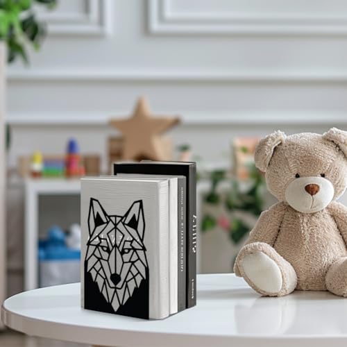 Peacoblue Metal Bookends for Shelves, Modern Decorative Heavy Duty Study Book Support Stoppers for Office, Desk, Shelf, Room 5.3"x4.3"x7.5" Cast Iron Simple Tall Bookends, 1 Pair (Geometric Wolf Head) - style: Geometric Wolf Head