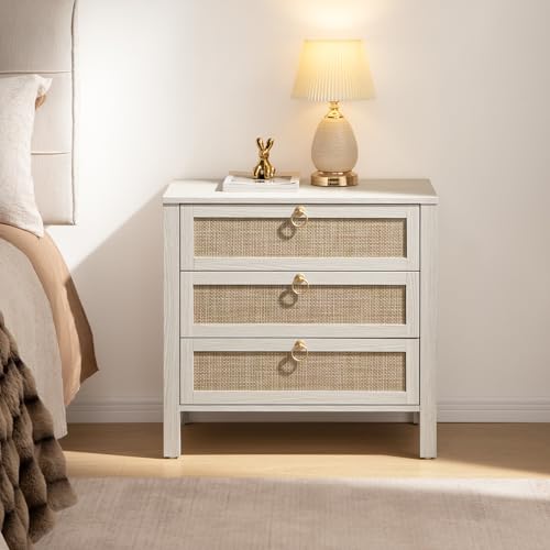 SICOTAS White Night Stand with Drawers - Large Rattan Bedside Table with Golden Handle, 3 Drawers Nightstand Tall End Table Side Table Boho Nightstand for Bedroom - color: White Cream Oak