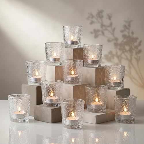 12 Pack Hummingbird Embossed Glass Candle Holders – Votive Tealight Holders with Patent Design, Decorative Embossed Glass Cups for Wedding Centerpieces, Parties, and Home Décor (Crystal Clear) - color: Crystal Clear