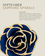 Forever Rose Hand-Dipped in 24K Gold, Sapphire-Inspired September Birthstone with Sparkles, Real Rose in Luxury Gold Gift Box & Clear Glass Bud Vase, Perfect Ready for September Birthday -Any Occasion - color: September Sapphire