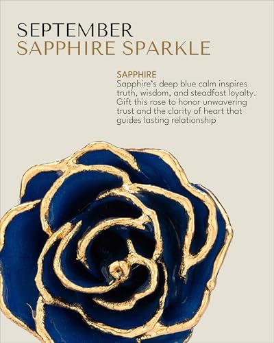 Forever Rose Hand-Dipped in 24K Gold, Sapphire-Inspired September Birthstone with Sparkles, Real Rose in Luxury Gold Gift Box & Clear Glass Bud Vase, Perfect Ready for September Birthday -Any Occasion - color: September Sapphire