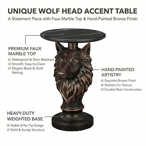 Wolf Head Sculptural Side Table with Faux Marble Top, 17.71" Round Resin Animal End Table, 25.2" H Unique Wolf Statue Decor for Living Room & Office, Gothic Housewarming Gift - color: Wolf Color