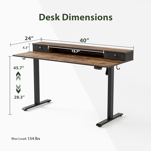Agilestic 40 x 24 Inches Height Adjustable Electric Standing Desk with 2 Drawers, Stand Up Electric Standing Desk Adjustable Height, Sit and Stand Computer Table with Splice Board, Rustic Brown - color: Rustic Brown, size: 40 x 24 Inches with 2 drawers