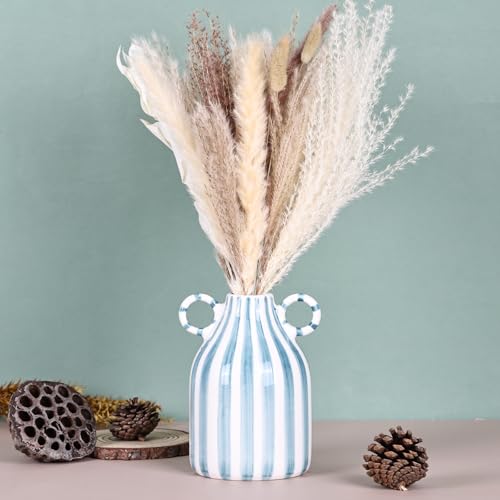 Ceramic Green and White Striped Vase, Hand-Painted Modern Minimalist Bohemian Decor, Central Dining Table, Kitchen Tabletop, Bookshelf, Bedroom Aesthetic Decoration (White Green) - color: White Green