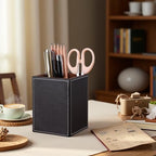 KINGFOM PU Leather Square Pens Pencils Holder Cup Desktop Stationery Organizer Case Office Accessories Container Box Brown - color: Brown-S