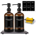 Kitchen Soap Dispenser Set with Instant Dry Tray & Sponge Holder,16 Oz Hand and Dish Soap Amber Glass Dispenser Set,Stainless Steel Pump,Waterproof Labels,Luxury Soap Bottle for Bathroom - color: Amber Bottle+black Pump