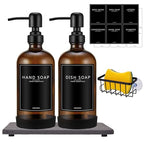 Kitchen Soap Dispenser Set with Instant Dry Tray & Sponge Holder,16 Oz Hand and Dish Soap Amber Glass Dispenser Set,Stainless Steel Pump,Waterproof Labels,Luxury Soap Bottle for Bathroom - color: Amber Bottle+black Pump