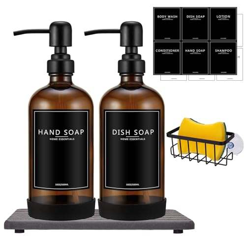Kitchen Soap Dispenser Set with Instant Dry Tray & Sponge Holder,16 Oz Hand and Dish Soap Amber Glass Dispenser Set,Stainless Steel Pump,Waterproof Labels,Luxury Soap Bottle for Bathroom - color: Amber Bottle+black Pump