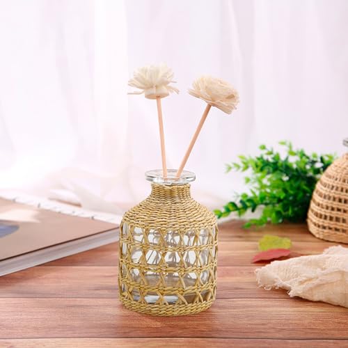 Flower Vases with Rattan Cover Straw Woven Glass Vase Boho Glass Flower Vase for Arrangement Table Decoration, 4.44''X1.77''X3.14'', B Style - size: 4.44IN