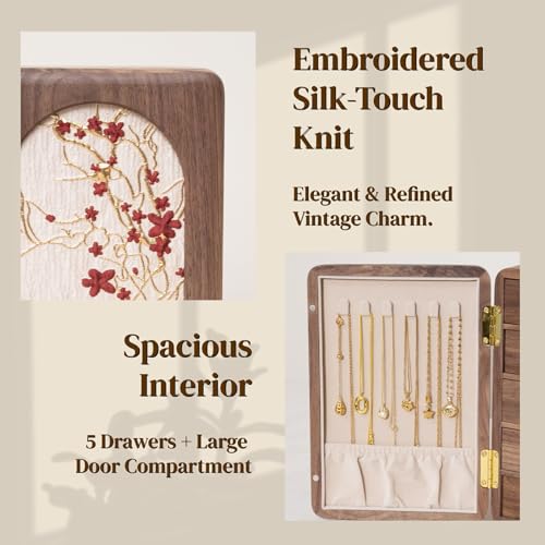 KINTNESS Black Walnut Wooden Jewelry Box - 5 Drawers Large Jewelry Organizer with Delicate Floral Pattern for Women, Side door Space for Necklace, Jewelry for Bracelet, Earing, Rings - style: Embroidered 5-Drawer Design
