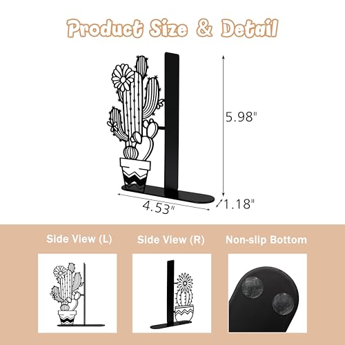 Metal Cactus Planter Book Ends, Dual Wave Pot Design Unique Cute Bookends with Rust Proof Coating, Home Office Decor & Gift for Book Lovers - color: Black