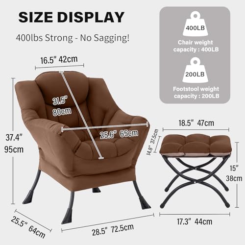 Tiita Lazy Chair with Ottoman, Brown Modern Large Accent Chair, Comfy Leisure Sofa Armchair with Ottoman, Reading Chair with Footrest for Bedroom, Living Room, Dorm Rooms, Brown - color: Peach Skin Brown