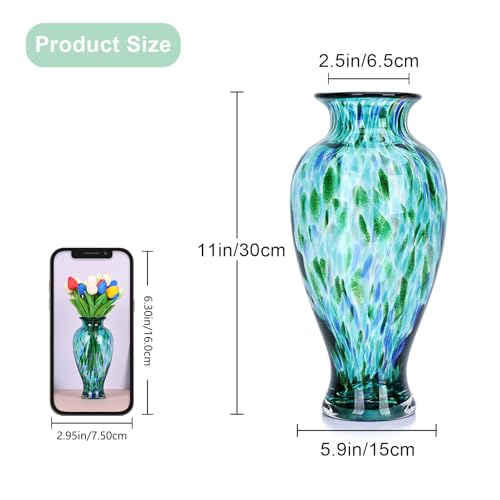 Hand Blown Glass Vase 11.8" Tall Beautiful Turquoise Sea Wide Mouth Bud Vase for Table Centerpiece, Painted Colorful Murano Glass Flower Vases for - Home Entrance Wedding Center - color: Turquoise