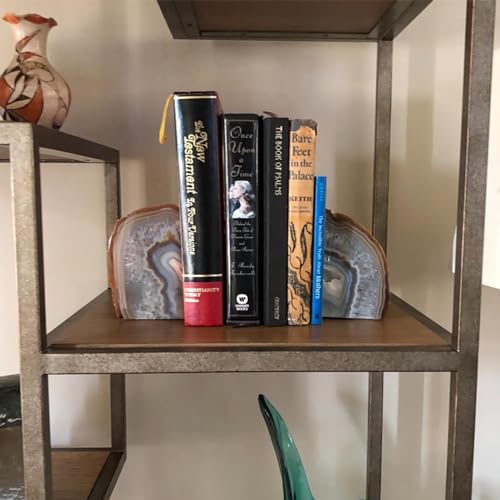 JIC Gem Natural Decorative Agate Book Ends Geode Bookends Stone Bookends for Shelves Book Ends to Hold Books Heavy Duty with Rubber Bumpers for Décor Small Size(1 Pair, 2-3 LBS) - color: Natural, size: 2-3LBS.