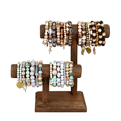 Ikee Design 2 Tier Wooden Jewelry Bracelet Watch Display Tower, Bangle Scrunchie Necklace Holder Storage Stand, 7.9 W x 4.3 D x 9.4 H in, Brown Color - color: Brown