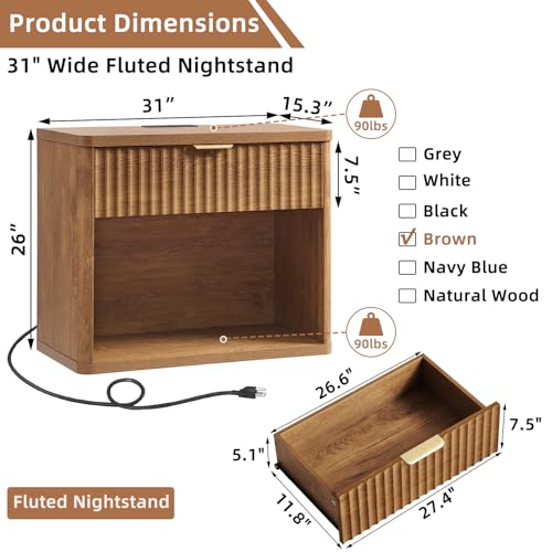 LEYAOYAO 31" Wide Fluted Nightstand with Charging Station, Oversized Extra Large 1 Drawer Night Stand with Golden Handle, Brown Wood Bedside Table Tall End Tables,for Bedroom, Living Room, Hallway - color: Brown, size: 1 Drawers