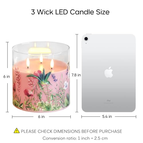 Eywamage 3 Wick Flameless Candle with Remote, Pink Hummingbird Floral Glass LED Candle, Large Battery Pillar Candle Φ 6" H 6" - color: Pink Hummingbird