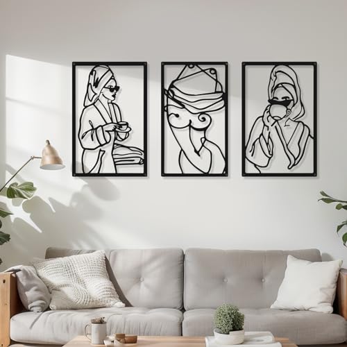 CHENGU 3 Pieces Metal Minimalist Abstract Woman Wall Art Line Drawing Wall Art Decor Single Line Female Home Hanging for Kitchen Bathroom Living Room - style: Bath Style