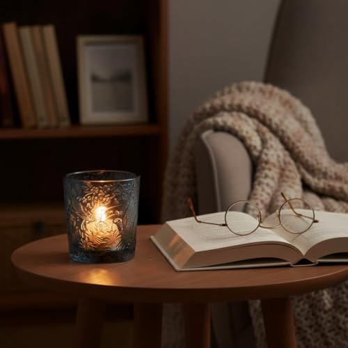 12 Pack Hummingbird Embossed Glass Candle Holders – Votive Tealight Holders with Patent Design, Decorative Embossed Glass Cups for Wedding Centerpieces, Parties, and Home Décor (Smoky Quartz) - color: Smoky Quartz