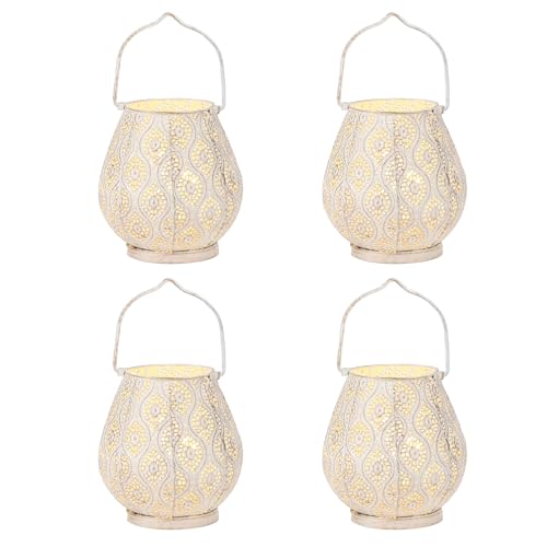 TRIROCKS Set of 4 Moroccan Decorative Lamps 8'' High Battery Powered Cordless Lamp Metal Table Lamps with Fairy Lights Bulb for Home Living Room Garden Yard Party Events Tabletop Indoor Outdoor(White) - color: 4 Set White