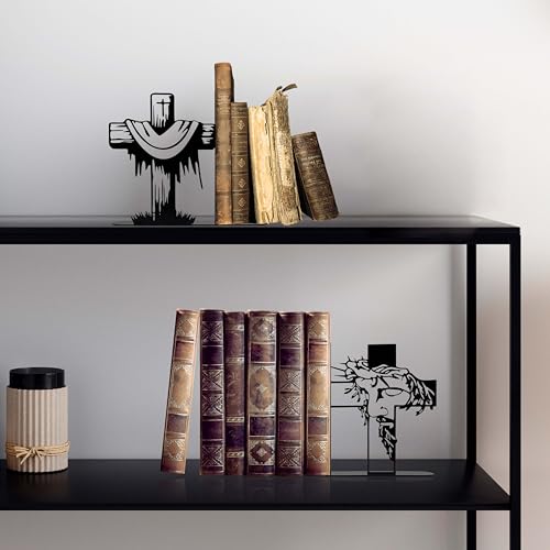 Jesus and Cross Decorative Bookends for Shelves, Christian Gifts for Women, Religious Bookshelf Decor with Faith-Based Design for Home and Room Accents