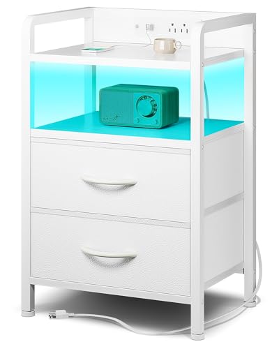 Lazzanto Night Stand Bedside Table Bedroom - White Nightstand with Charging Station & LED Light Strip, Morden Bed Side End Table with Storage Shelf & 2 Fabric Drawers, U-S-B Ports & AC Outlets - color: White, size: 2 Drawers