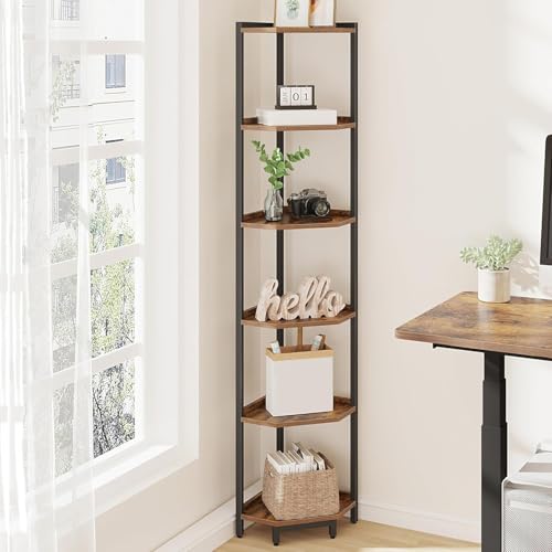 Hzuaneri Corner Shelf Stand, Corner Bookshelf, Storage Standing Shelf Unit with Metal Frame, Plant Stand, Bookcase for Living Room, Home Office, Bedroom, 6-Tier Rustic Brown CS06001B - color: Rustic Brown, size: 6 Tier