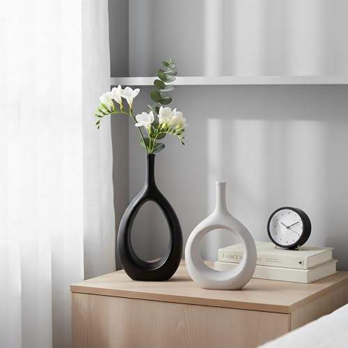 Ceramic Vase Set of 2, Modern Minimalist Boho Hollow Flower Vases, Decorative Vase for Home Decor, Living Room, Bedroom, Bookshelf, Entry Table, Kitchen and Dining Table - color: White&black