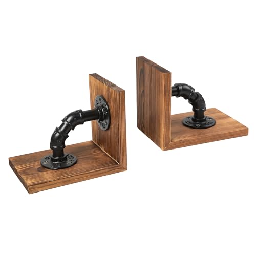Rustic Decorative Wooden Tabletop Farmhouse Bookends for Heavy Books with Modern Industrial-Style Pipe Office Desktop Bookshelf Organizers Stoppers Holder Nonskid Shelf Decor 1-Pair (Brown) - color: Brown
