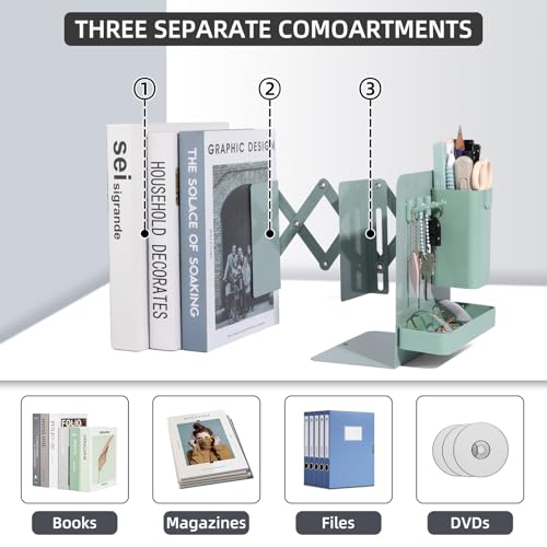 Adjustable Bookends, 19" Metal Book Ends for Heavy Books, 2 Dividers Bookends with Removable Pen Holder, Tray, and 3 Hook-up, Book Organizer for Office, School, Bookstore, Home - color: Green