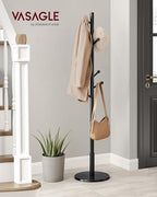 VASAGLE Solid Wood Coat Rack, Free Standing Hall Coat Tree with 8 Hooks, 3 Height Options, for Coats, Hats, Bags, Purses, for Entryway, Hallway, Rubberwood Hooks and Pole, Ink Black URCR007P33 - color: Ink Black, style: Round Base + Spherical Hooks